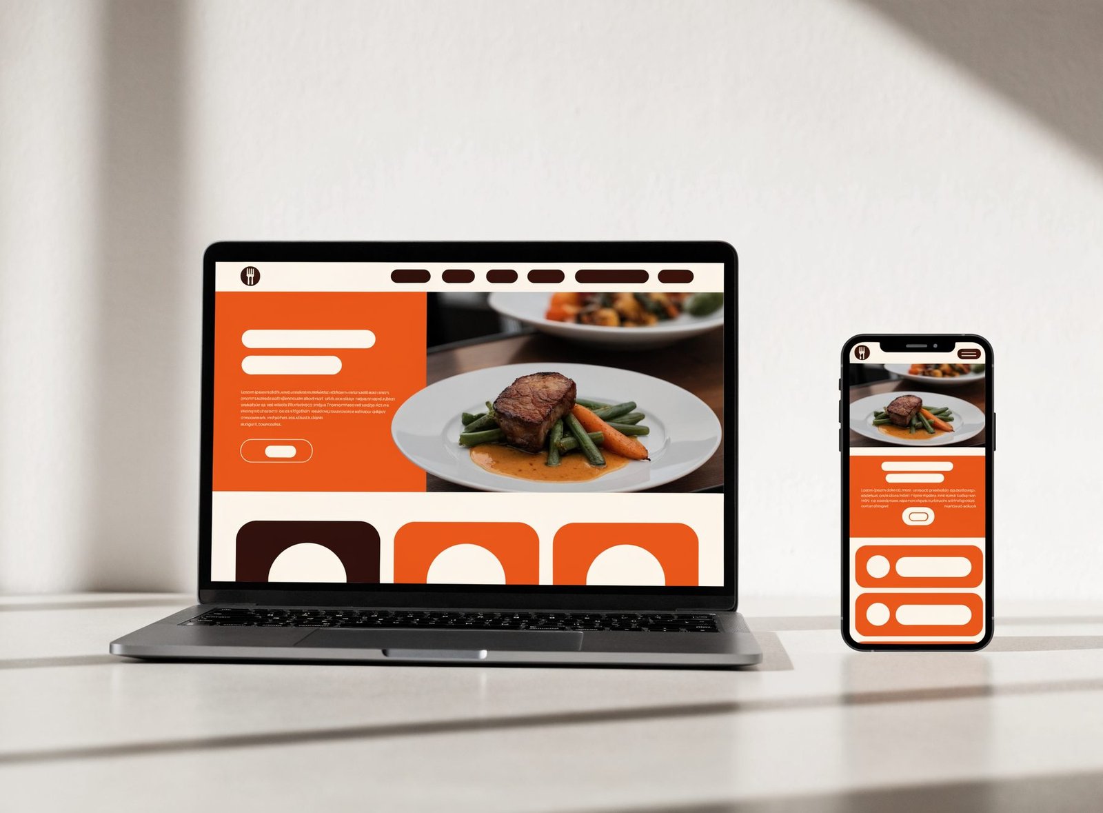 Restaurant website concept shown on laptop and phone