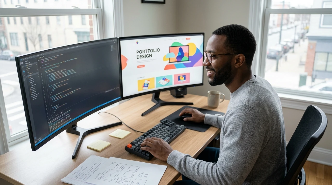 Designer smiling while working on a portfolio website across two monitors