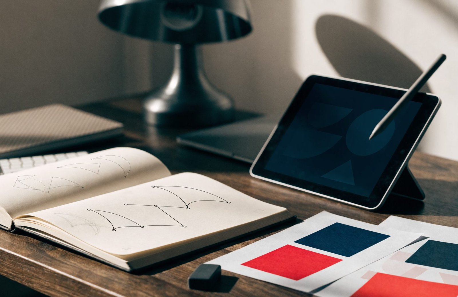 Logo sketches and brand color swatches on a designer's desk